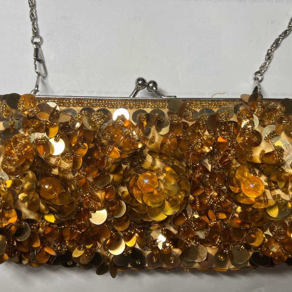 Adorable Gold Sequin Clutch Bag w/ Long Removable Crossbody Chain